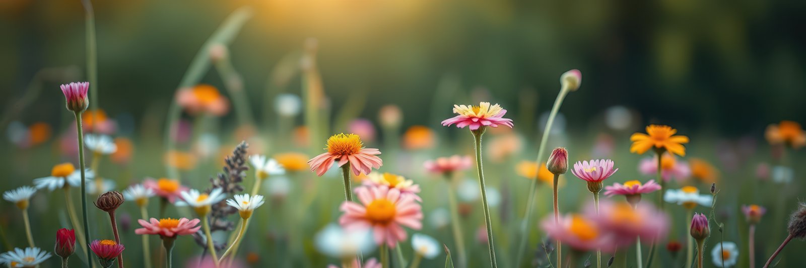 Vibrant wildflowers bloom under the warm sunlight in a serene meadow during springtime
